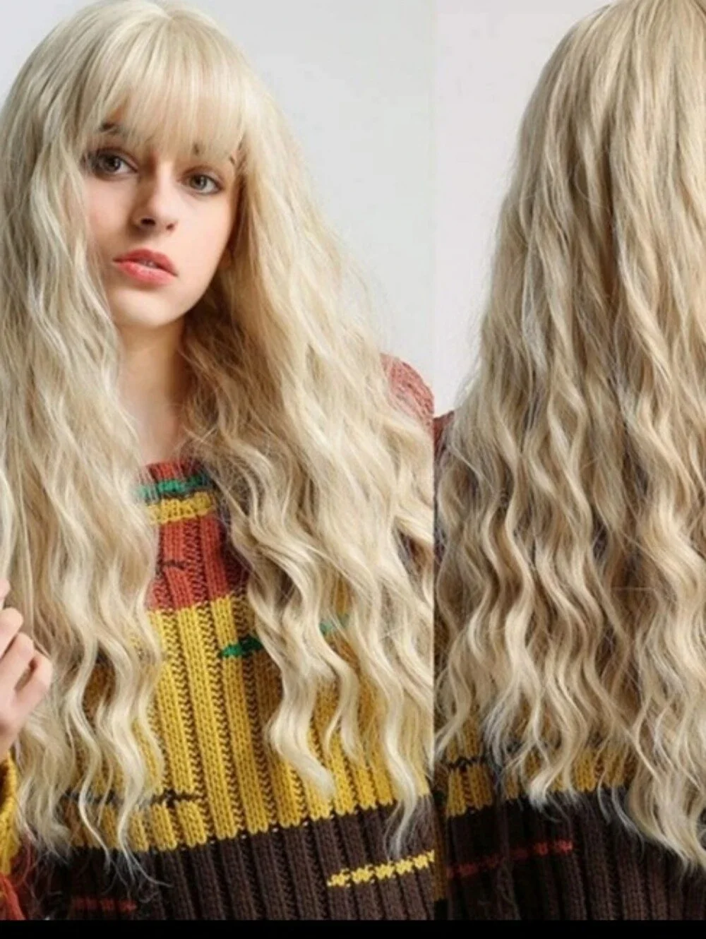 Long Wavy Fringe Wig in Light Blonde with Full Bangs